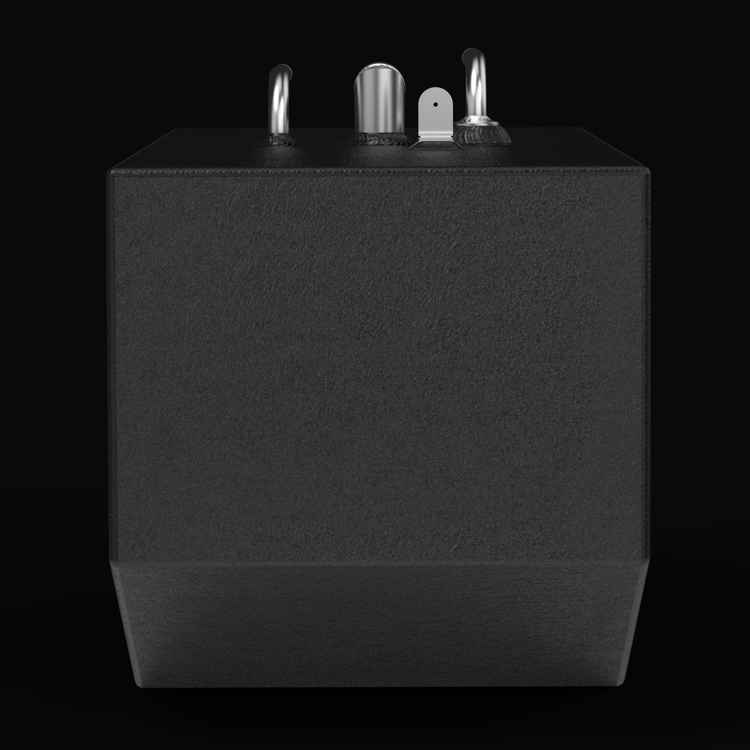 "Straight-on end profile view of the small auxiliary tank with black protective coating, featuring the tapered V-hull bottom, mounting tab, and silver top fittings."