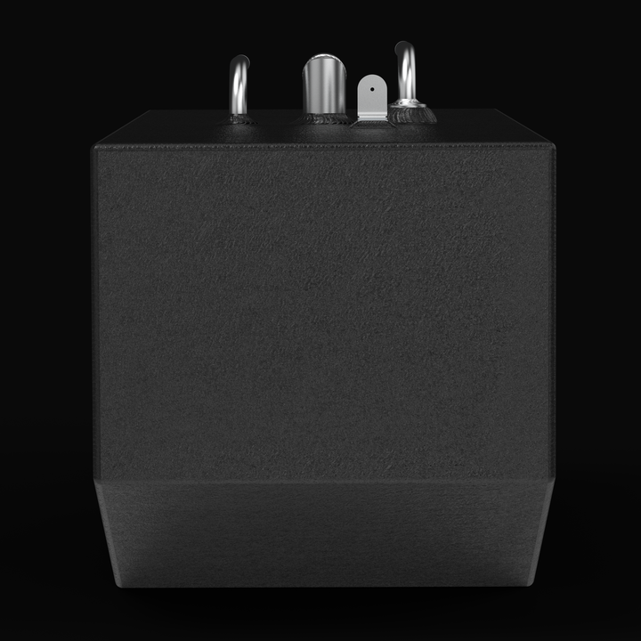 "Straight-on end profile view of the small auxiliary tank with black protective coating, featuring the tapered V-hull bottom, mounting tab, and silver top fittings."