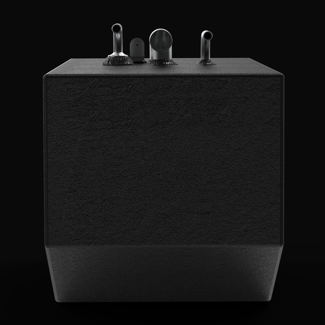 Straight-on end profile view of the small auxiliary tank with black protective coating, displaying the square shape with a tapered bottom and three top-mounted silver tubes."