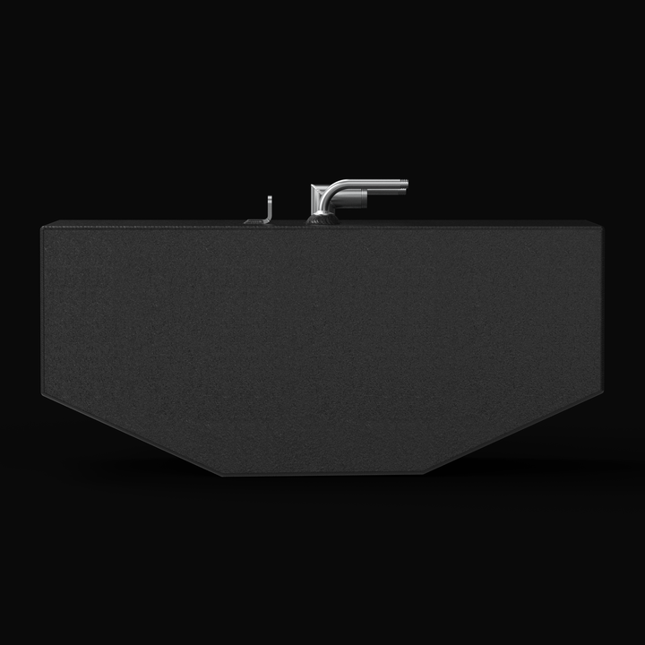 Straight-on side profile view of the small auxiliary tank with black protective coating, featuring the V-hull bottom shape and silver intake tubes pointing to the right