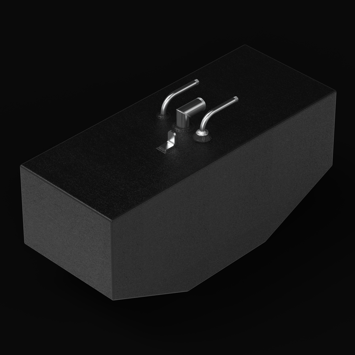 Low-angle view looking up at the bottom of the small auxiliary tank with black protective coating, emphasizing the V-hull geometric shape.