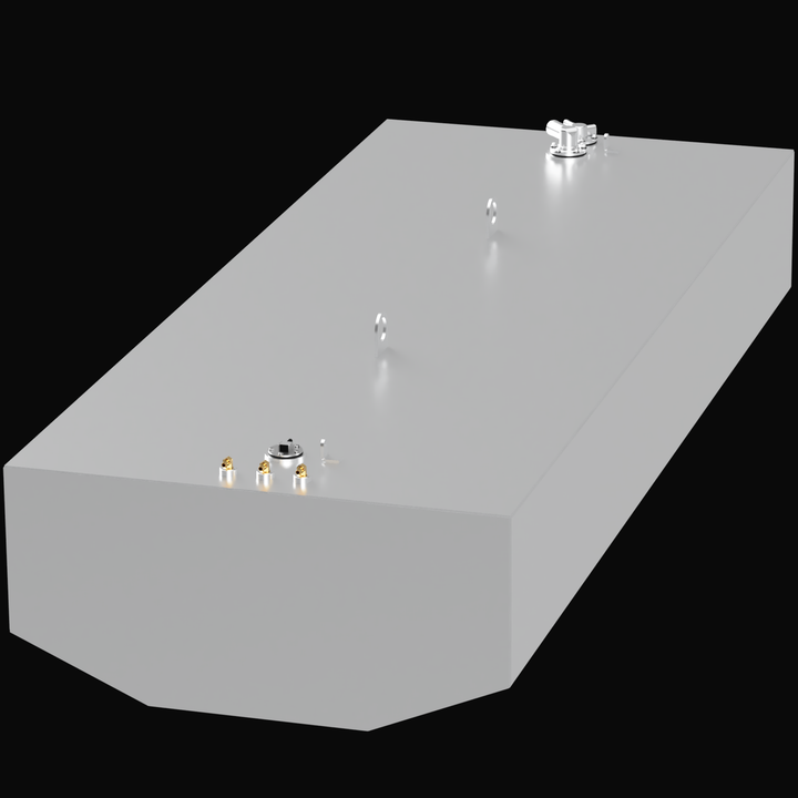 A 3D rendering of a large, rectangular, light gray boat fuel or water tank set against a black background. The tank has tapered corners on the front bottom edge. On the top surface, there is a large circular metal fitting with a cap near the rear center, and a group of three small brass-colored fittings next to a smaller metal fitting near the front edge. Two metal eyelets or lifting rings are also visible on the top surface, running down the center.
