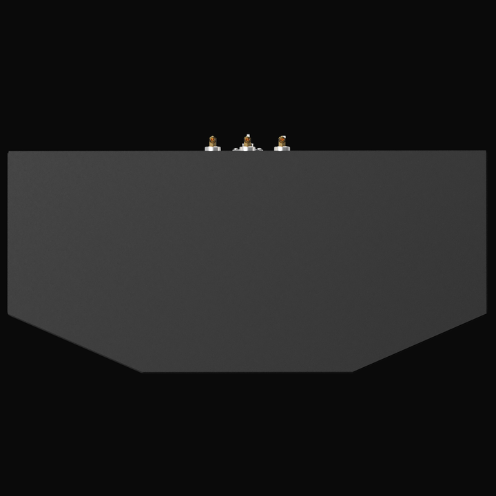 A dark gray, horizontal rectangular object, likely a fluid tank, shown in a straight-on elevation view. The object has tapered bottom corners and three metal fittings protruding from the center top edge, each with a brass-colored cap or sensor