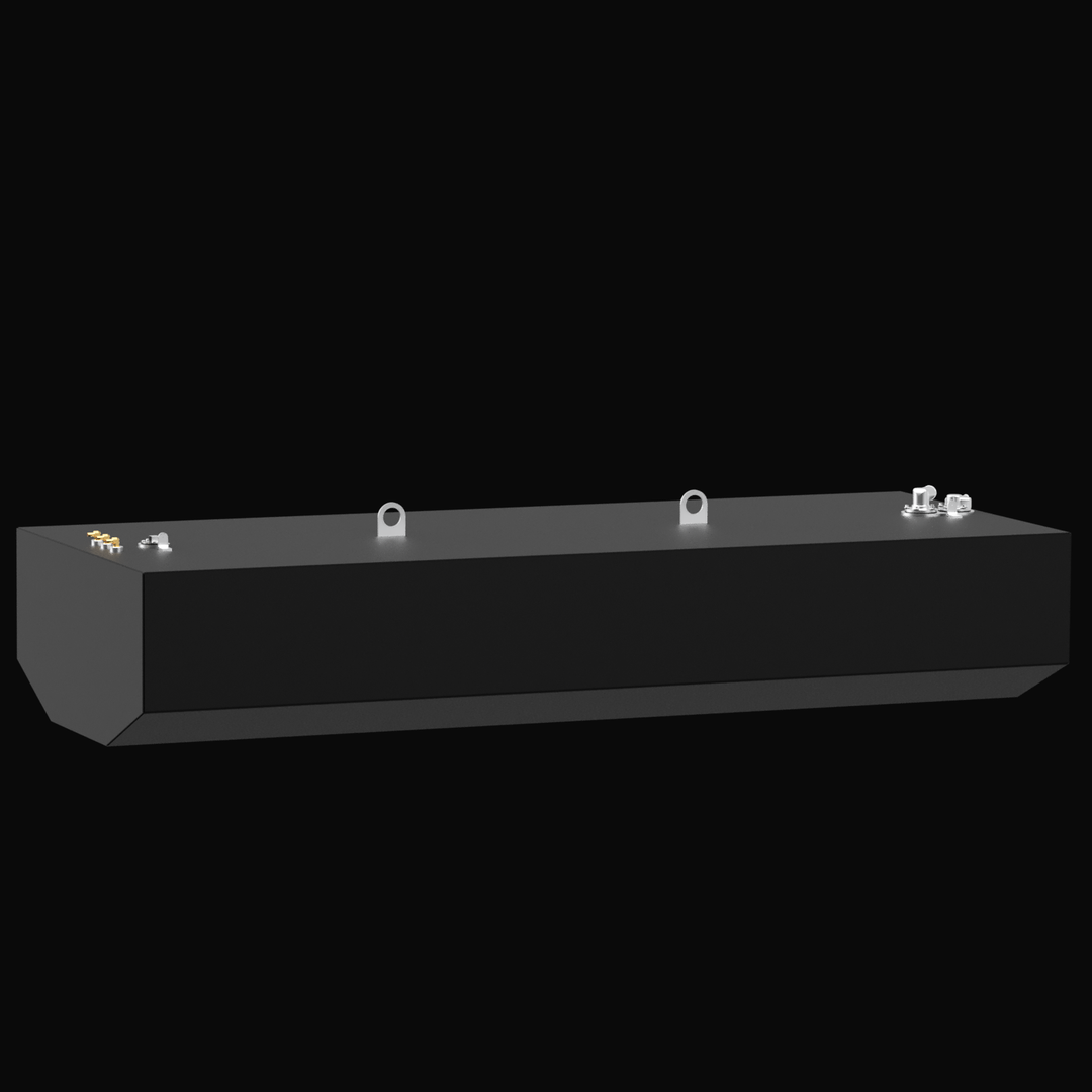 A long, narrow, dark gray rectangular tank, likely for fuel or water, shown against a black background. The tank has tapered corners on the bottom edge and features two metal eyelets or lifting points on the top surface. There are also two groups of metal fittings with brass-colored elements: one group is on the top surface near the left end, and the other is on the top surface near the right end.