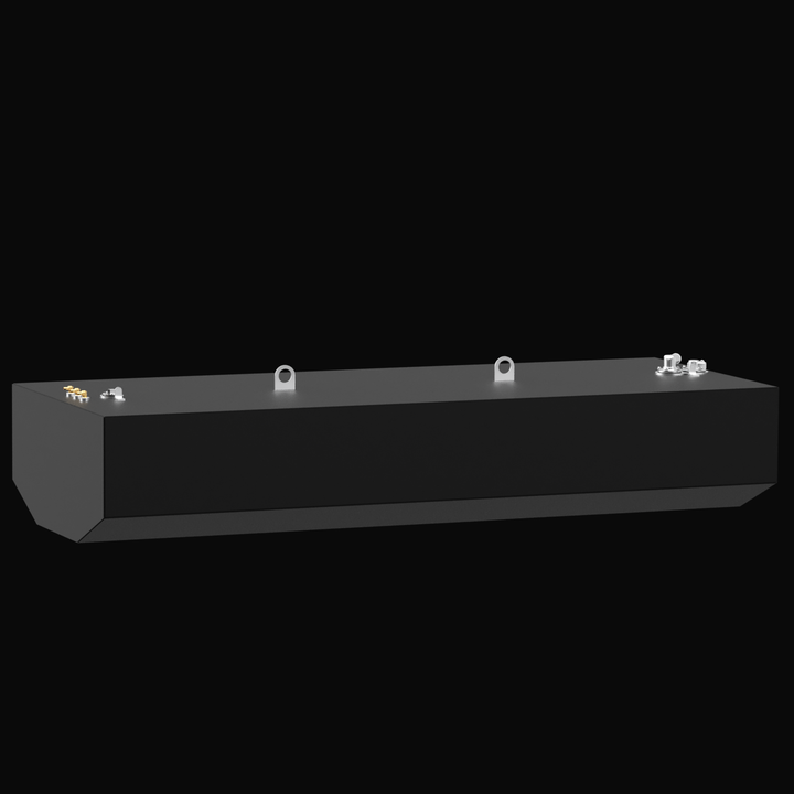 A long, narrow, dark gray rectangular tank, likely for fuel or water, shown against a black background. The tank has tapered corners on the bottom edge and features two metal eyelets or lifting points on the top surface. There are also two groups of metal fittings with brass-colored elements: one group is on the top surface near the left end, and the other is on the top surface near the right end.