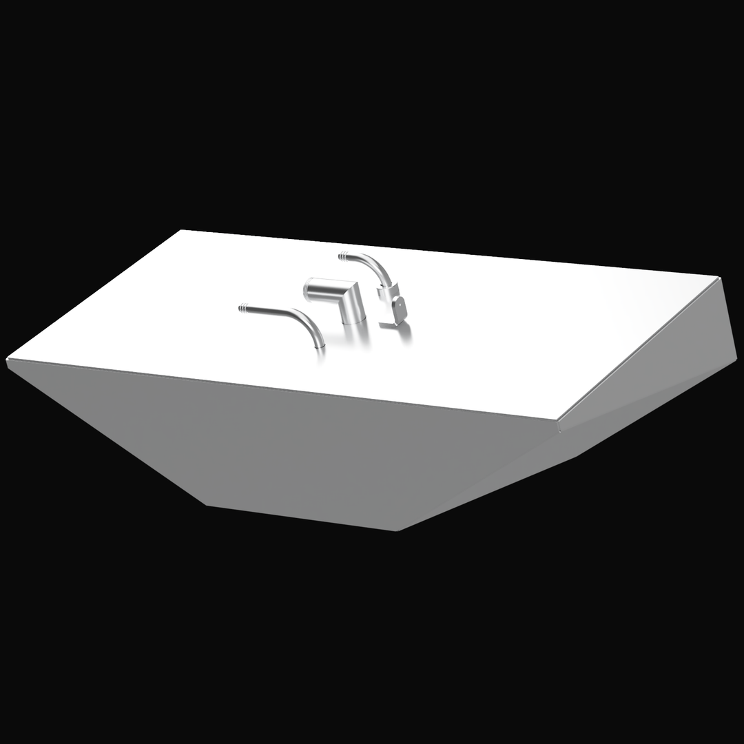 A 3D rendering of a light gray, angular boat fluid tank, likely for water, with a wide, flat top surface and sloped sides forming a trapezoidal shape. Three silver-colored pipe fittings protrude from the top surface: one curved pipe on the left, one L-shaped pipe elbow in the center, and one small, curved pipe and a flat metal tab on the right. The object is displayed against a black background.