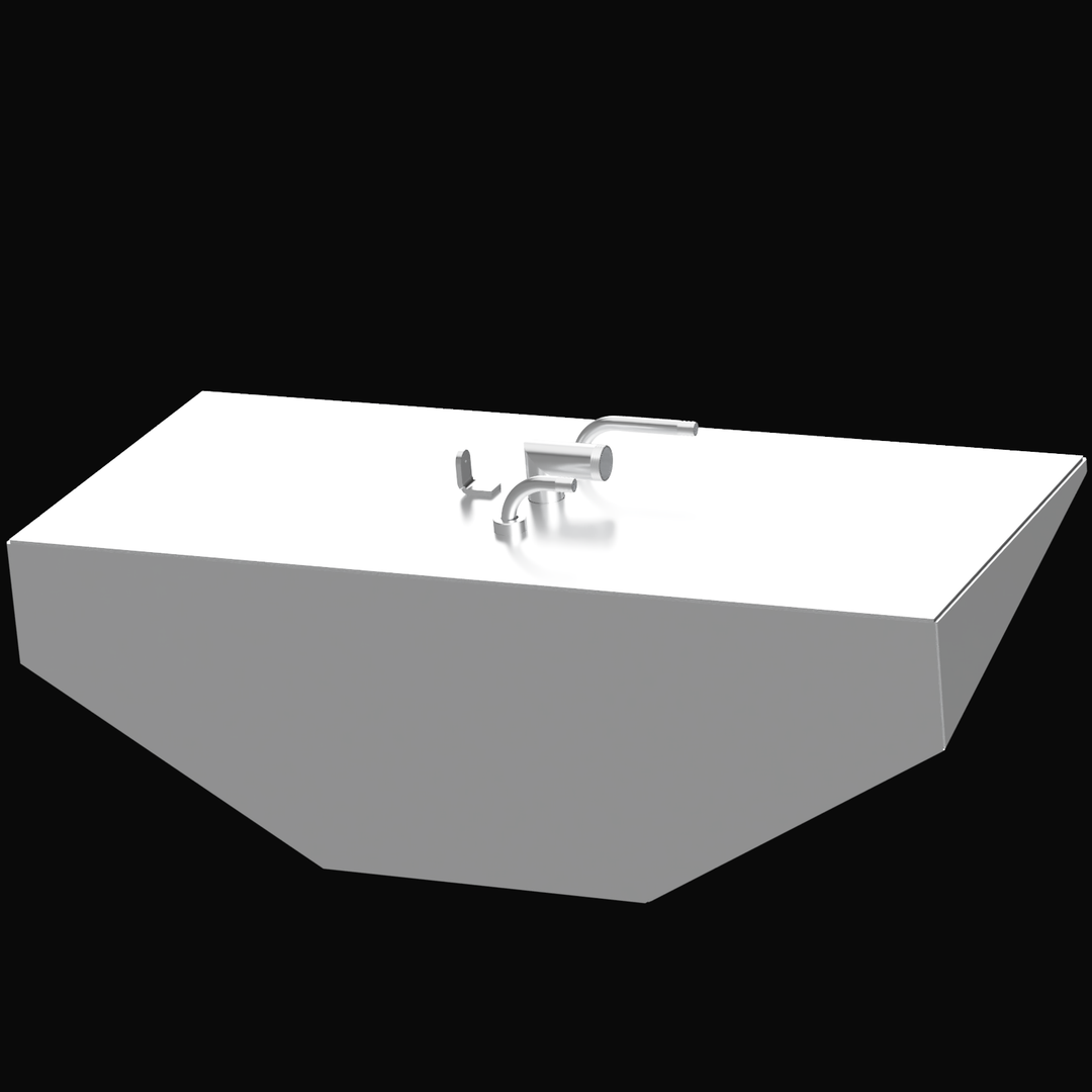 3D rendering of a light gray boat fluid tank. The tank has a rectangular shape with sloped or tapered sides on the bottom, typical of a bow tank. Several silver-colored pipe fittings are clustered near the center of the top surface, including curved pipes and an elbow fitting. The image is set against a black background.