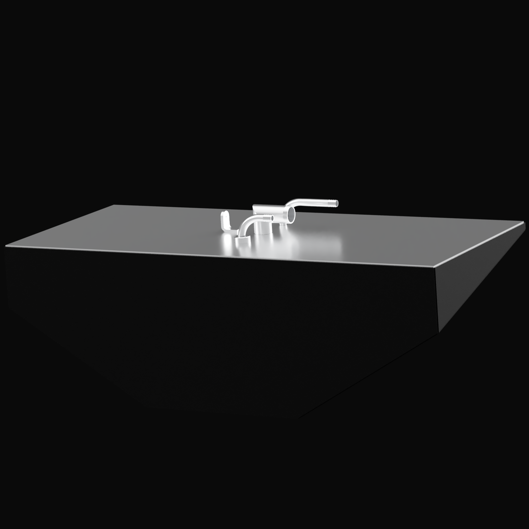  3D rendering of a highly reflective, silvery-gray object, which appears to be the top half of a tank or a rectangular prism, set against a dark or black background. The object has a flat top surface and sloped sides. Three metal pipe fittings are clustered on the top surface near the center: two curved pipes and one L-shaped elbow fitting.