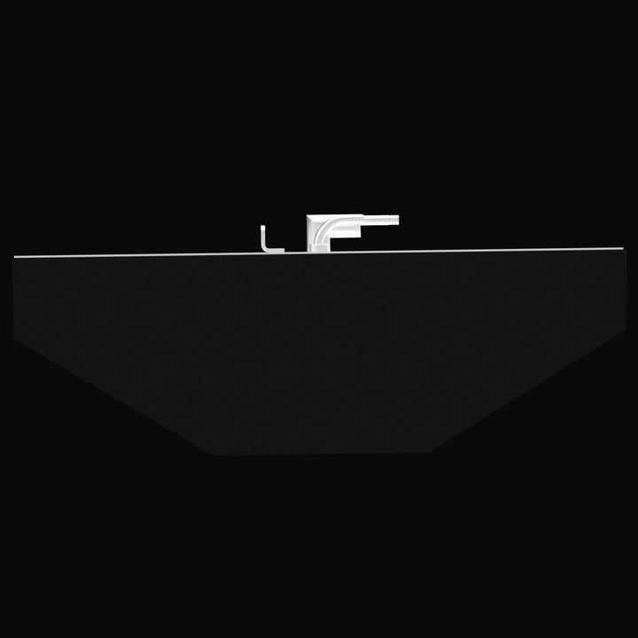 A side elevation view of a dark, angular object, likely a boat tank, with sloped bottom edges. A white outline highlights the top edge where two pipe fittings are attached near the center: one is a small, upright L-shaped fitting, and the other is a larger, white L-shaped elbow fitting with a horizontal extension. The object is set against a black background.
