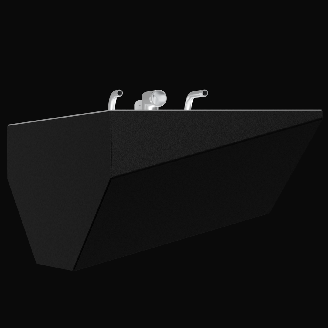 3D rendering of a black, angular boat fluid tank, likely a bow tank, with a narrow, flat top surface and a large, slanted side face. Three silver-colored fittings protrude from the top: two curved pipes, one on the left and one on the right, and a cylindrical fitting in the center. The tank is shown against a black background.