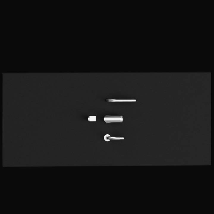 A collection of four silver metal fluid tank fittings or components laid out on a dark gray or black background. In the top row is a long, slender rod with a rounded tip, possibly a sensor. In the middle row, from left to right, are a small, rectangular block-shaped fitting and a short, wide cylindrical coupling. In the bottom row is a small pipe fitting curved into a U-shape.