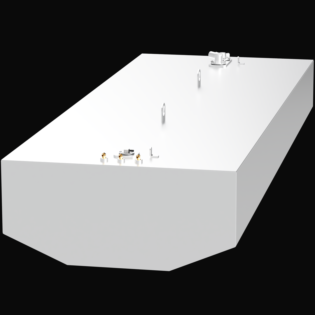 A high-angle, isometric view of a white Renegade 38 (332 gal) Fuel Tank set against a stark black background. The large, rectangular marine tank features a tapered bottom hull shape, two central silver lifting lugs, and connection hardware on the top surface that includes silver vents and brass-colored hose fittings.
