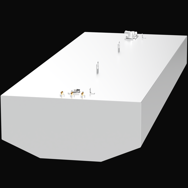 A high-angle, isometric view of a white Renegade 38 (332 gal) Fuel Tank set against a stark black background. The large, rectangular marine tank features a tapered bottom hull shape, two central silver lifting lugs, and connection hardware on the top surface that includes silver vents and brass-colored hose fittings.