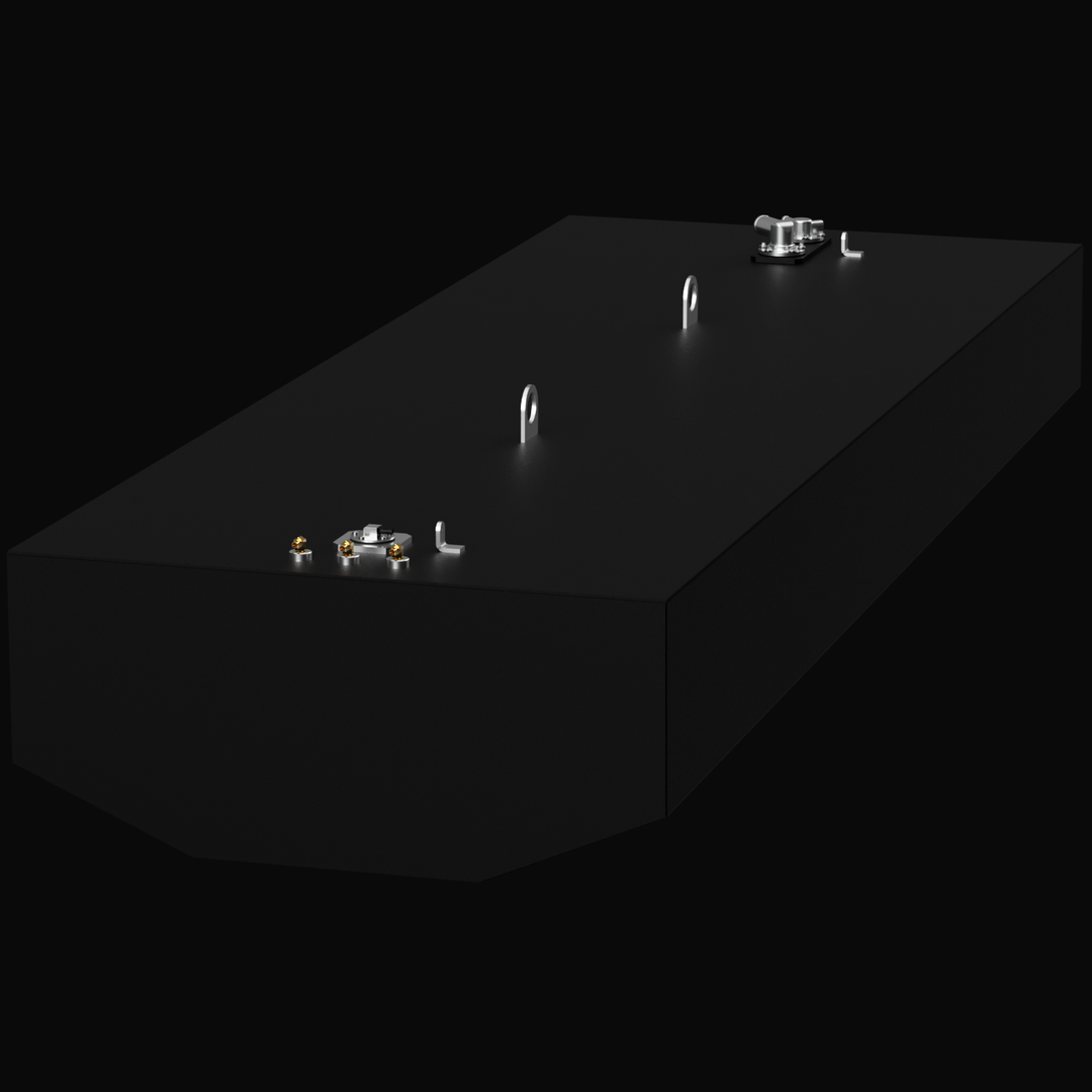 A high-angle, isometric view of a matte black Renegade 38 (332 gal) Fuel Tank set against a solid black background. The large, rectangular marine tank features a tapered bottom hull shape, two central silver lifting lugs on the top surface, and detailed stainless steel fill ports, vents, and sensor fittings located at opposite ends.