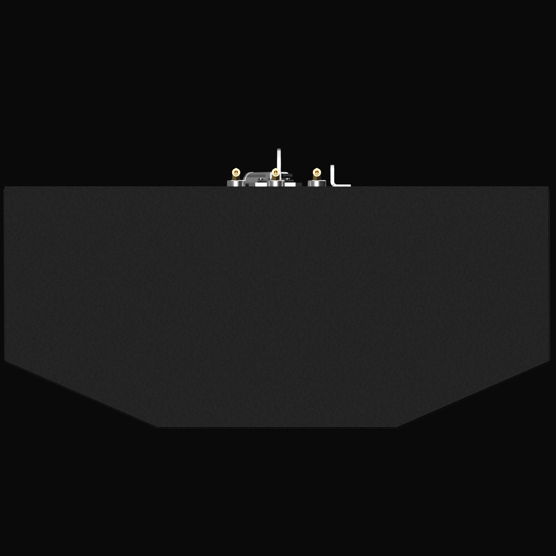 A direct front view of a matte black Renegade 38 (332 gal) Fuel Tank against a black background. The silhouette clearly shows the tank's V-shaped tapered bottom. Visible along the top edge are silver mounting hardware, a lifting lug, and brass fuel line fittings protruding upwards.