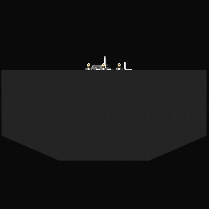 A direct front view of a matte black Renegade 38 (332 gal) Fuel Tank against a black background. The silhouette clearly shows the tank's V-shaped tapered bottom. Visible along the top edge are silver mounting hardware, a lifting lug, and brass fuel line fittings protruding upwards.