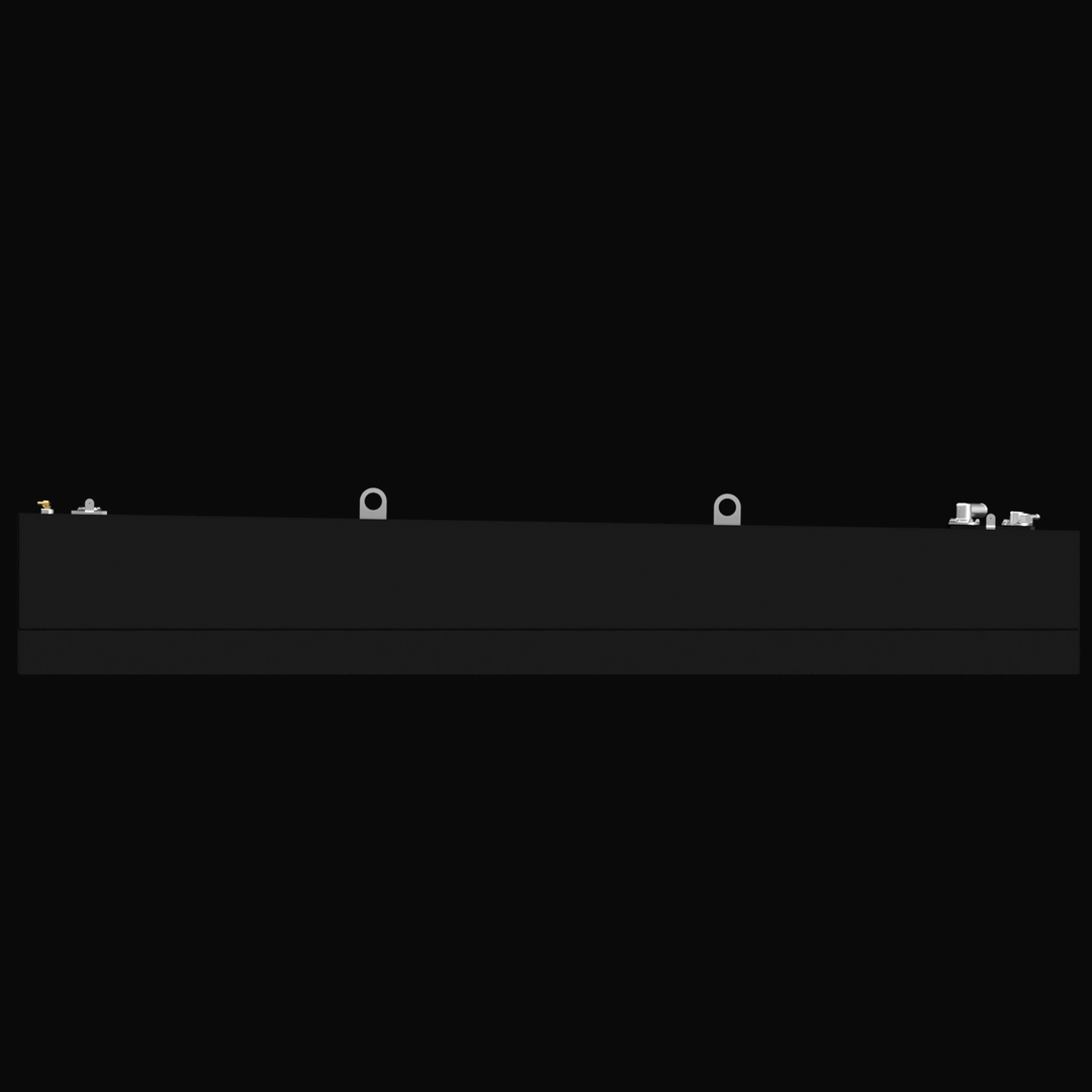 A direct side profile view of a long, matte black Renegade 38 (332 gal) Fuel Tank against a black background. The image highlights the tank's length and low profile. Two silver lifting lugs are centrally located on the top surface, flanked by silver and brass connection hardware at either end.