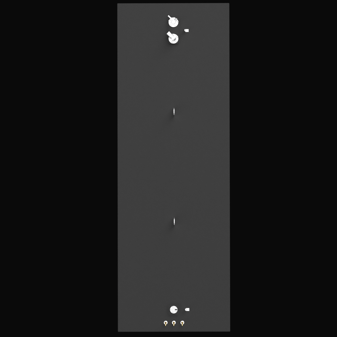 A direct side profile view of a long, matte black Renegade 38 (332 gal) Fuel Tank against a black background. The image highlights the tank's length and low profile. Two silver lifting lugs are centrally located on the top surface, flanked by silver and brass connection hardware at either end.