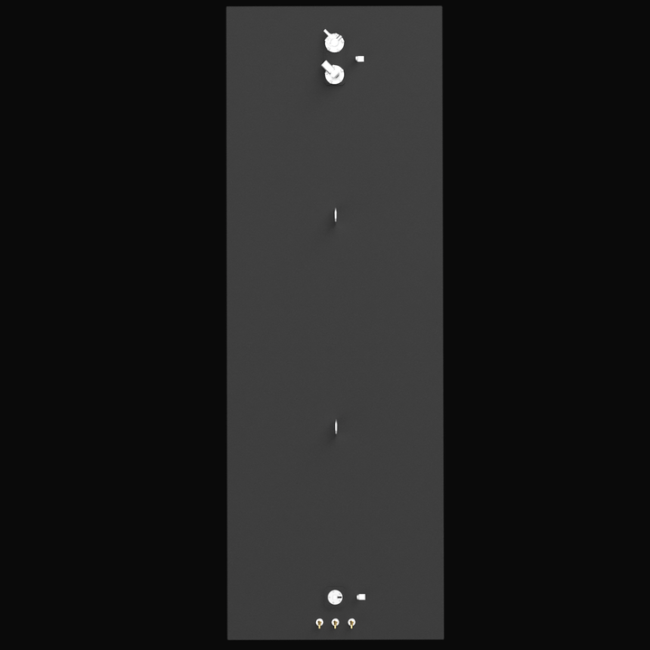 A direct side profile view of a long, matte black Renegade 38 (332 gal) Fuel Tank against a black background. The image highlights the tank's length and low profile. Two silver lifting lugs are centrally located on the top surface, flanked by silver and brass connection hardware at either end.