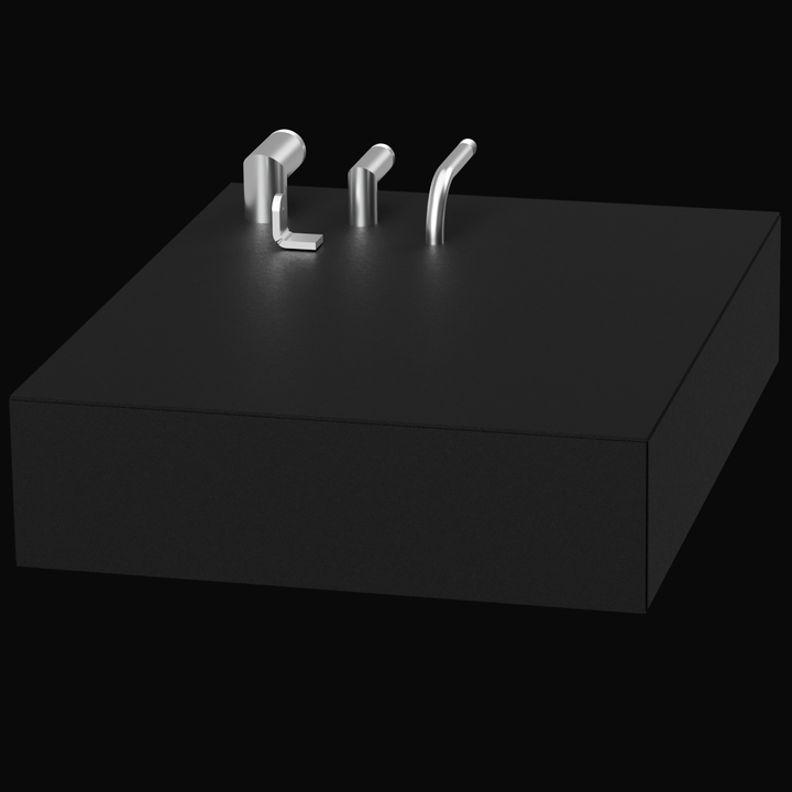 A 3D rendering of a square, dark gray or black rectangular tank, possibly a holding tank, set against a black background. Three silver or chrome-colored pipe fittings protrude from the center of the top surface. From left to right, the fittings are: one L-shaped, upright fitting; one short, curved fitting; and one taller, curved fitting.A 3D rendering of a square, dark gray or black rectangular tank, possibly a holding tank, set against a black background. Three silver or chrome-colored pipe fittings protru