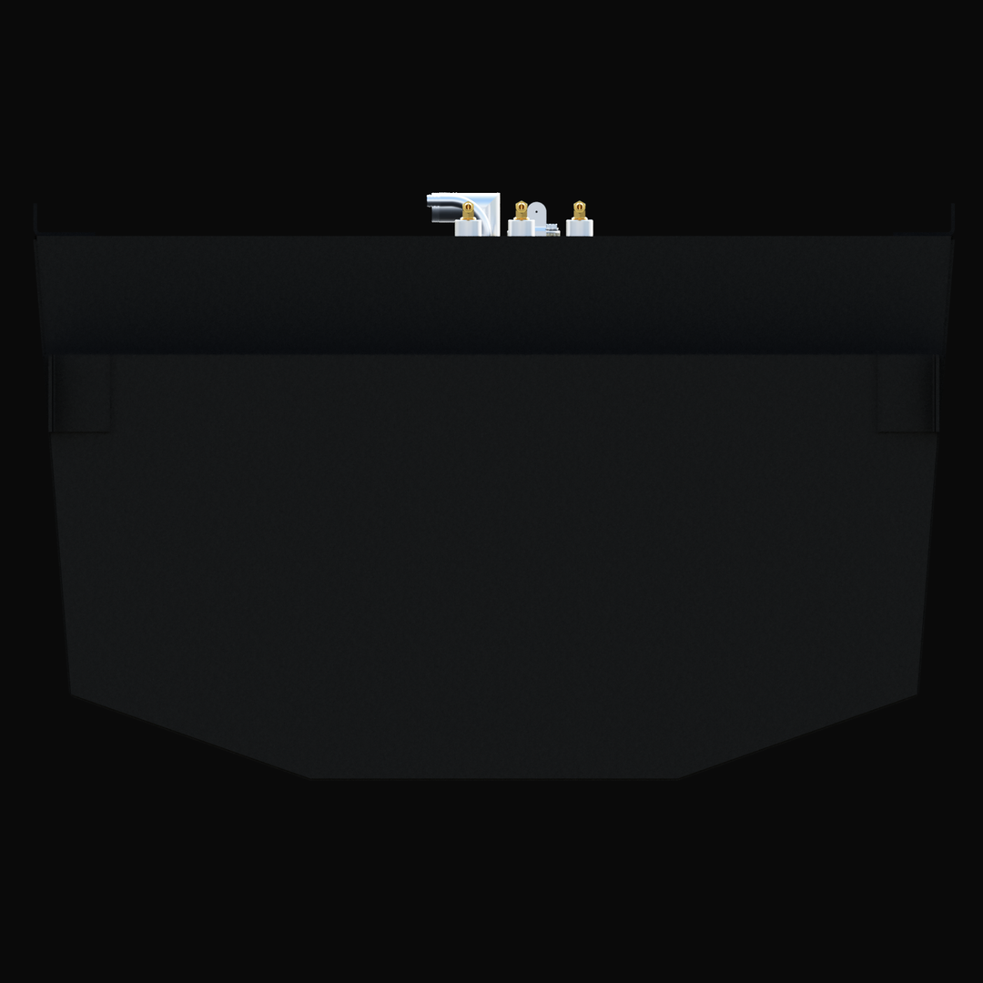 Front profile view of a Robalo R305 (294 gal) black epoxy fuel tank showing V-hull bottom shape.