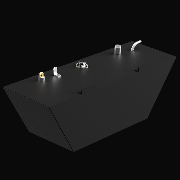 High-angle isometric view of a matte black marine fuel tank featuring a tapered V-hull shape, silver fuel fittings, and a sender unit on the top surface.