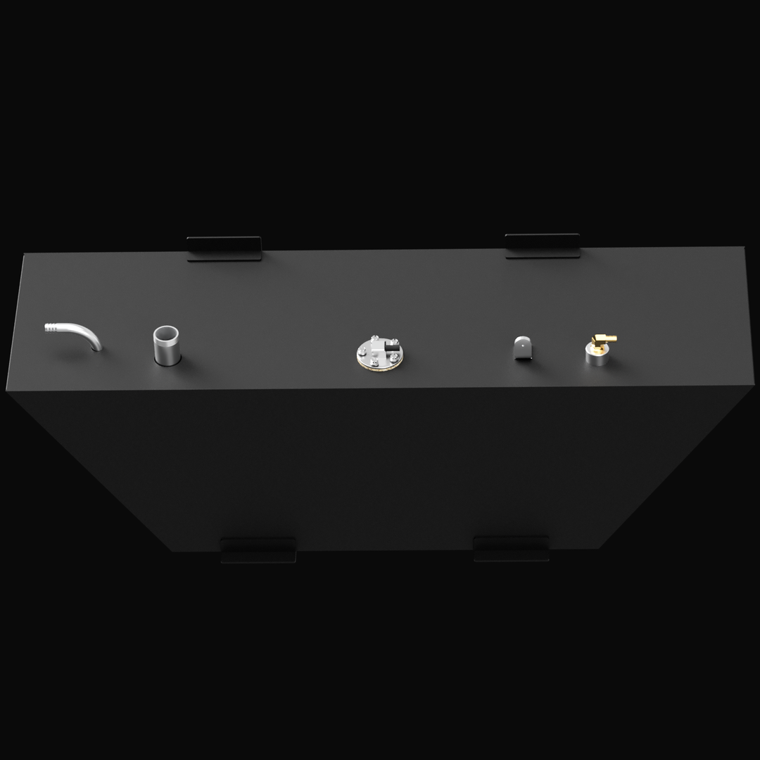 Direct overhead view of a matte black marine fuel tank showing the precise layout of the top components. Visible features include the fuel fill neck, a central fuel sending unit, a brass fuel pickup fitting, and welded mounting tabs along the edges.