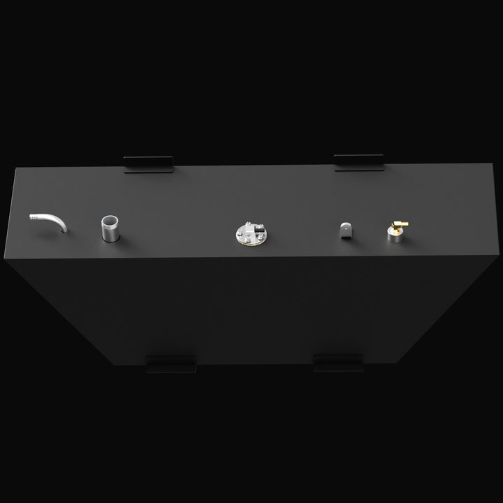 Direct overhead view of a matte black marine fuel tank showing the precise layout of the top components. Visible features include the fuel fill neck, a central fuel sending unit, a brass fuel pickup fitting, and welded mounting tabs along the edges.