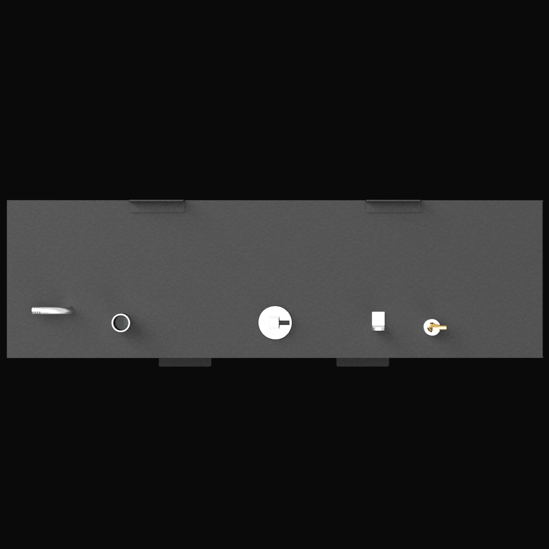 Direct top-down plan view of a matte black marine fuel tank against a dark background. The layout displays a silver vent tube, fill port, central fuel sender, and a brass elbow fitting arranged across the flat rectangular top surface.