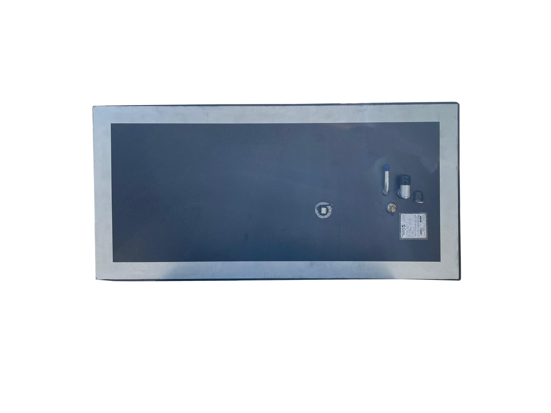 A direct top-down photo of a long, rectangular boat fuel tank. It features a dark center panel framed by a wide, reflective silver border, with various fittings and a specification plate visible on its surface, all against a transparent checkerboard background.