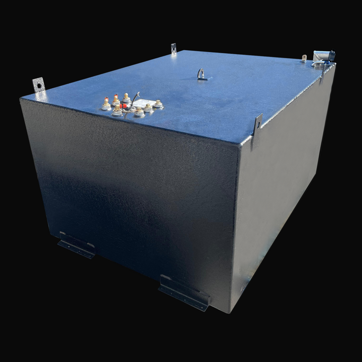 A photo of a large, boxy, dark, textured boat fuel tank, shown at an angle. The tank features a large cluster of fittings, a central D-ring, and multiple mounting tabs on the top and bottom edges, against a black background.