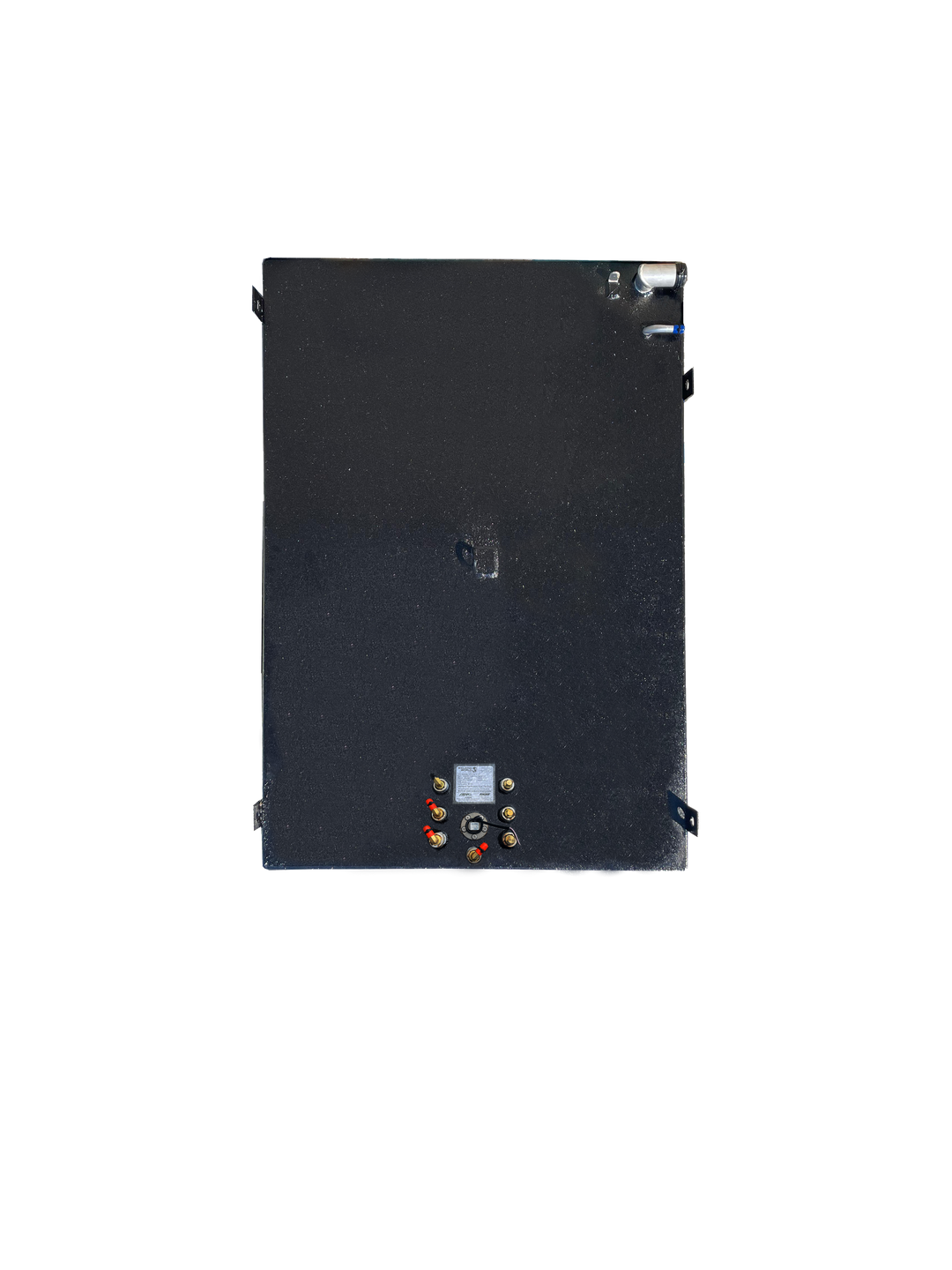 A direct top-down photo of a large, rectangular, dark, textured boat fuel tank. The tank shows two clusters of fittings, a central D-ring, and a specification plate on its top surface, against a transparent checkerboard background.