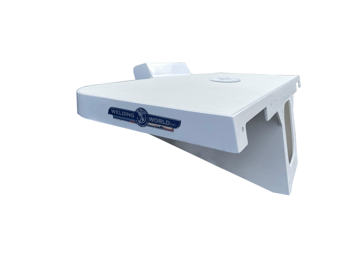 A collection of 3D renderings and a product title for a white, fiberglass boat engine bracket designed for a single outboard engine, identified as "Bayliner Trophy 25 2052 1989 apex single engine brakcet." The bracket features a wide, flat, T-shaped top mounting plate with a circular access hatch or inspection port cover in the center. A rectangular, raised section is visible at the rear of the top plate. The main body is hollow, presenting a large, squarish central cutout for the engine well, with mounting