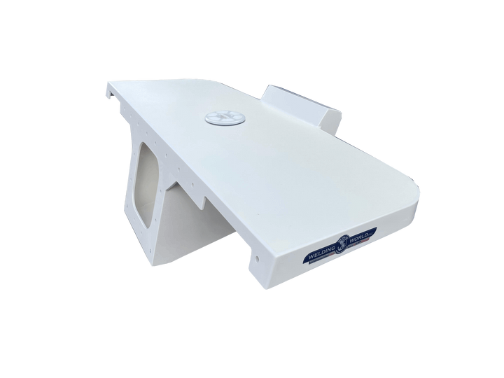 A comprehensive set of images showing a white, fiberglass boat engine bracket designed for a single outboard engine, specifically identified as a "Bayliner Trophy 25 2052 1989 apex single engine brakcet." The bracket features a wide, T-shaped top mounting plate with rounded front corners and a raised, rectangular transom mounting surface at the rear. A circular access hatch or inspection port cover is centered on the top surface. The main body is hollow, presenting a large, squarish central cutout for the e