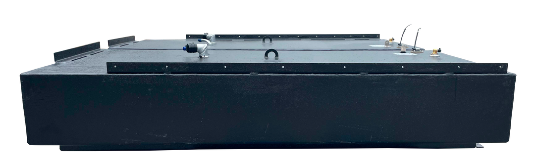 Side view of two joined black rectangular marine fuel tanks, showing the height, textured surface, and metal mounting flanges along the top edge.