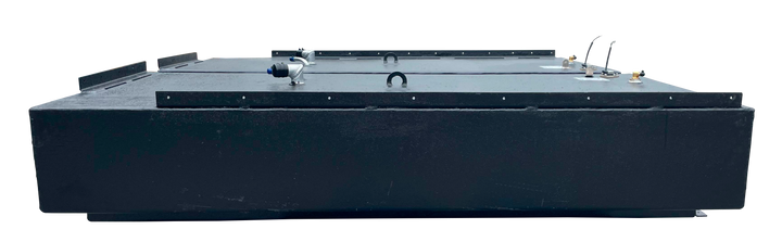 Side view of two joined black rectangular marine fuel tanks, showing the height, textured surface, and metal mounting flanges along the top edge.