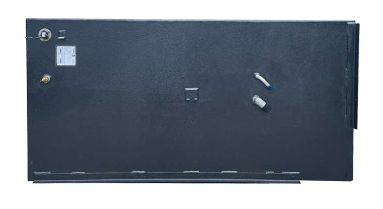 Direct overhead, top-down view of a single black rectangular 151-gallon marine fuel tank, clearly showing the metal mounting flange, fuel line fittings, an access plate, and white/blue inspection ports on the dark textured surface.