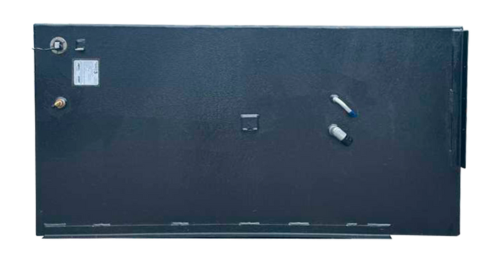 Direct overhead, top-down view of a single black rectangular 151-gallon marine fuel tank, clearly showing the metal mounting flange, fuel line fittings, an access plate, and white/blue inspection ports on the dark textured surface.