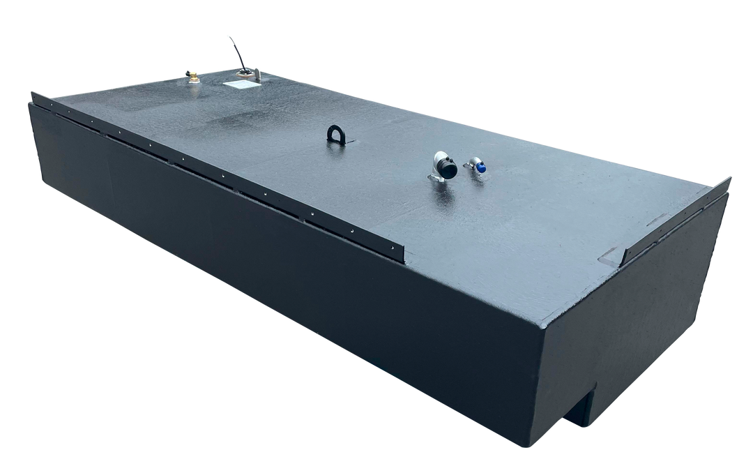 Angled top-down view of a single black rectangular 151-gallon marine fuel tank, showcasing its long profile, textured surface, and fittings near the center and rear.
