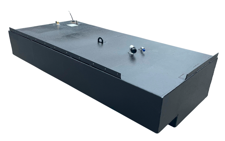 Angled top-down view of a single black rectangular 151-gallon marine fuel tank, showcasing its long profile, textured surface, and fittings near the center and rear.