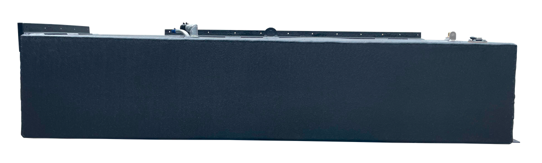 Straight side-on profile of the two black rectangular Stama 2001 marine fuel tanks, highlighting their long length and metal mounting rails along the upper edge.