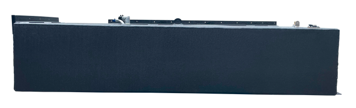 Straight side-on profile of the two black rectangular Stama 2001 marine fuel tanks, highlighting their long length and metal mounting rails along the upper edge.