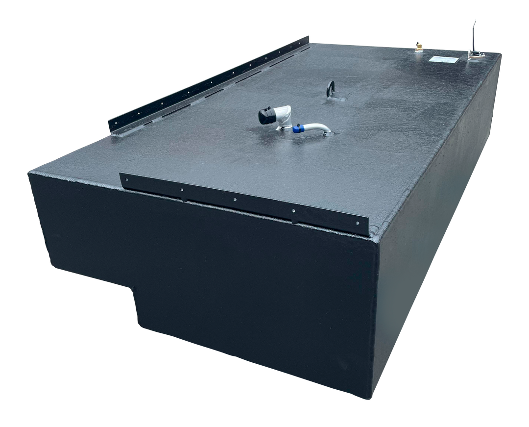 A single rectangular black marine fuel tank with a coarse coating, featuring a recessed bottom section, fittings on top, and two black mounting rails along the upper edge