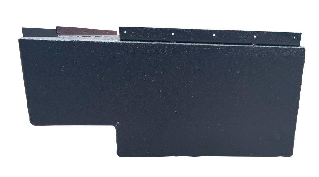 Close-up side view of one black rectangular marine fuel tank, highlighting the textured surface, the stepped recess on the bottom edge, and the metal mounting flange.