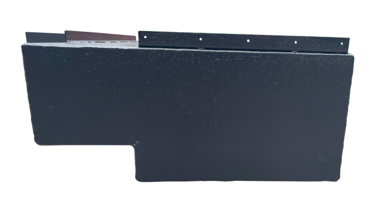 Close-up side view of one black rectangular marine fuel tank, highlighting the textured surface, the stepped recess on the bottom edge, and the metal mounting flange.