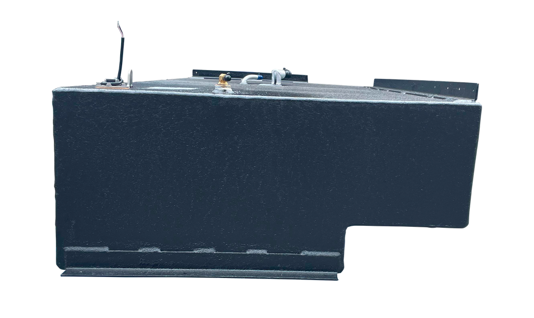 Side view of a large black marine fuel tank, showing its full height, the lower recessed cutout, and various fittings including a fuel sender and a vent hose connection on the top surface
