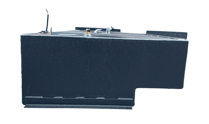Side view of a large black marine fuel tank, showing its full height, the lower recessed cutout, and various fittings including a fuel sender and a vent hose connection on the top surface