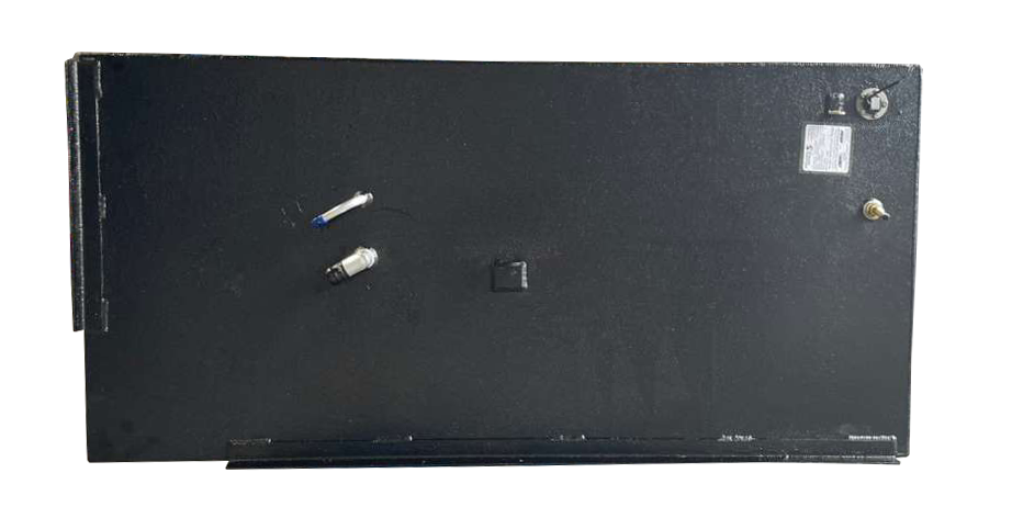 Top view of a black, rectangular marine fuel tank showing various top-mounted fittings including a fuel sender and a vent connection.