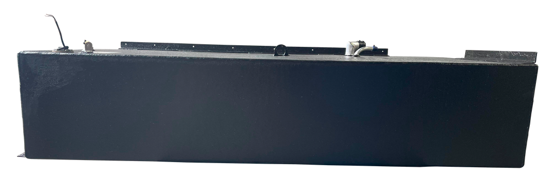 Close-up of a Welding World Inc. specification label for the Stama 2001 Port Fuel Tank, listing 151-gallon capacity, Aluminum 5052-H-32 material, .190 thickness, and ABYC/NMMA certification.