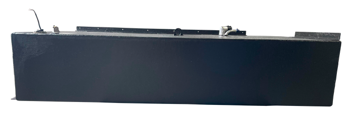 Close-up of a Welding World Inc. specification label for the Stama 2001 Port Fuel Tank, listing 151-gallon capacity, Aluminum 5052-H-32 material, .190 thickness, and ABYC/NMMA certification.